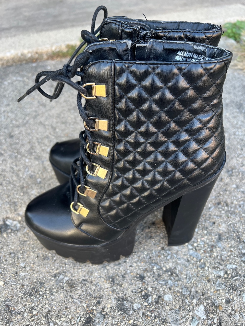 Bumper Quilted Lace-Up Platform Ankle Boots - Black with Gold Hardware